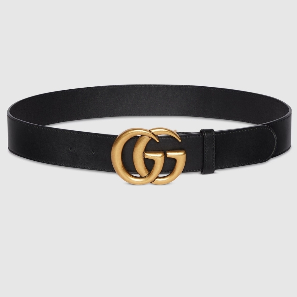 AUTHENTIC Gucci Black GG Marmont Wide Leather Belt - Double G Buckle